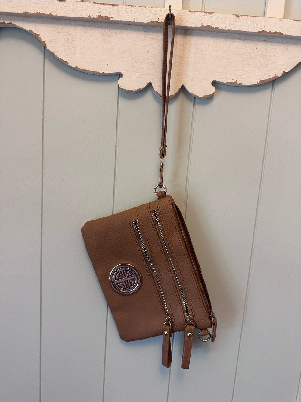 Brown Wristlet  Bag with Double Zippers